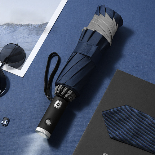 LED 반전접이 안전반사띠 원터치 3단 우산 blue